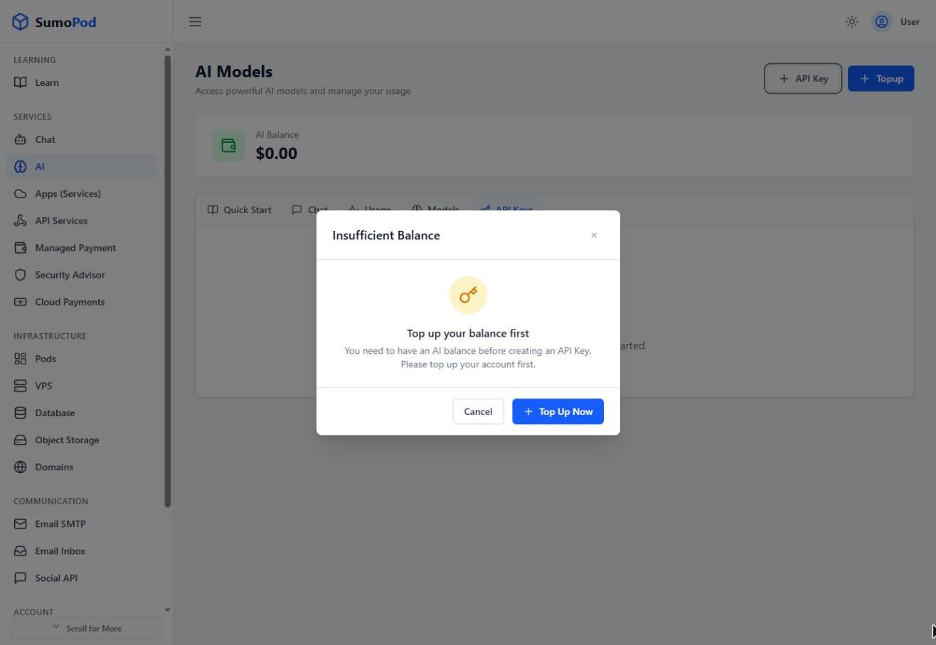 The dialog asking you to top up AI Balance before creating an API Key