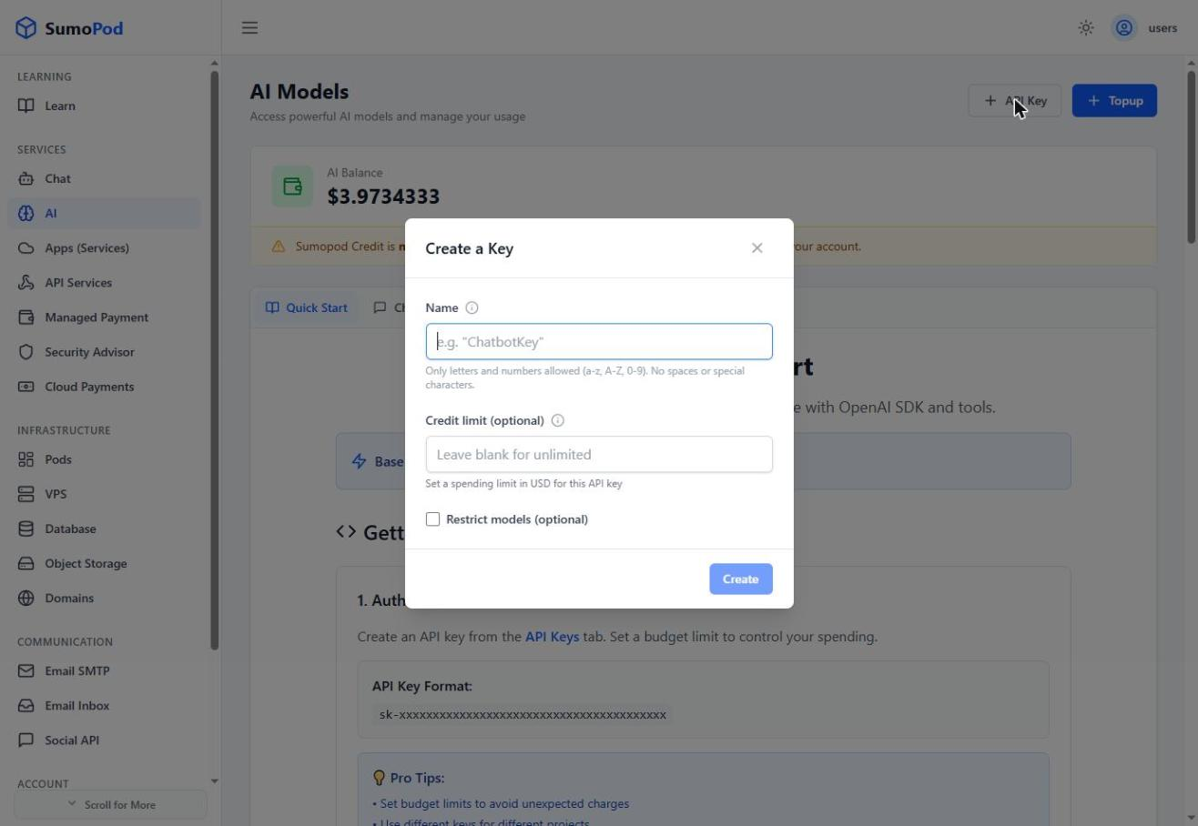 The Create a Key dialog with name, credit limit, and restrict-models fields