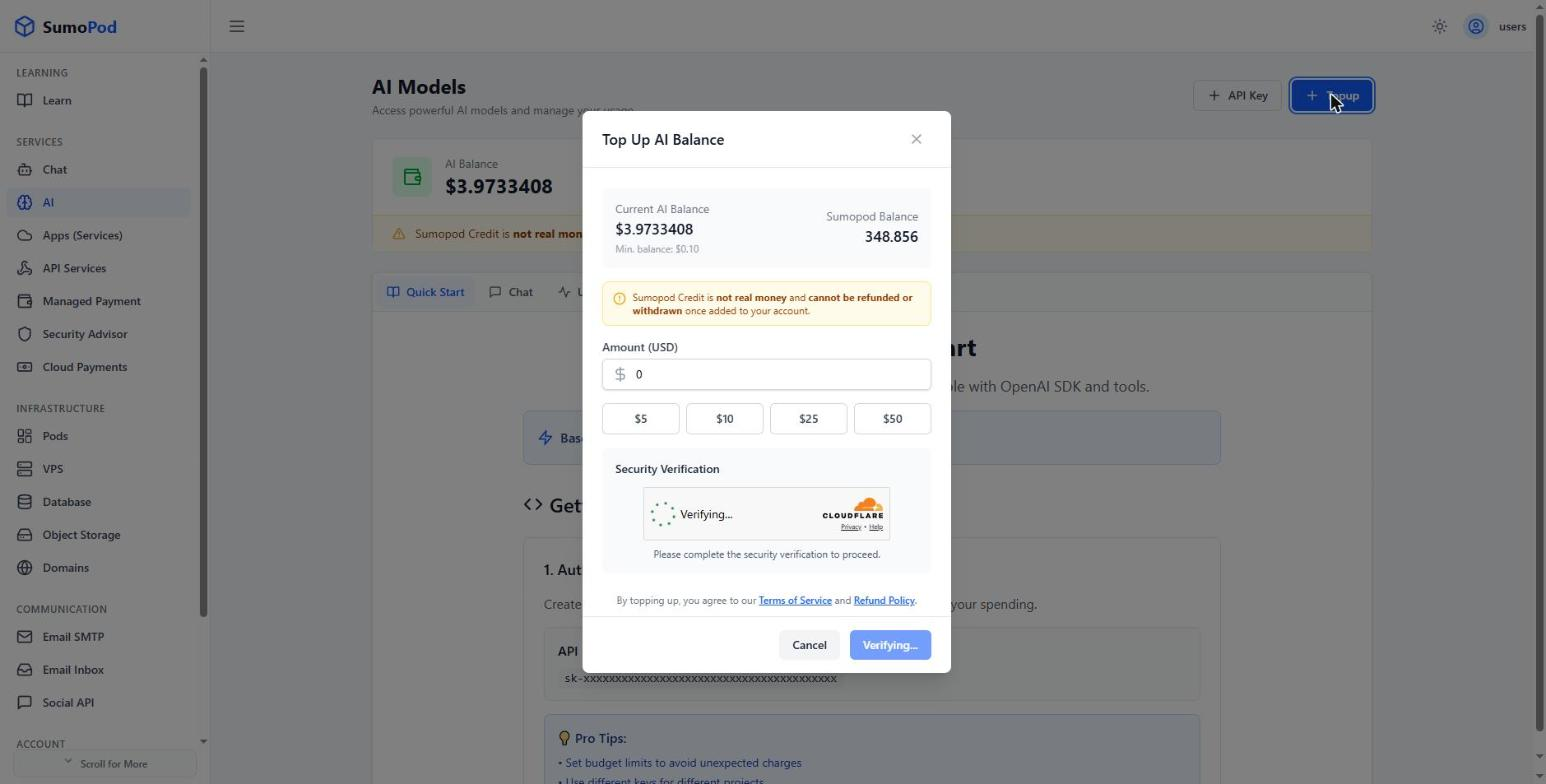 The Top Up AI Balance dialog showing the current AI Balance and Sumopod Balance