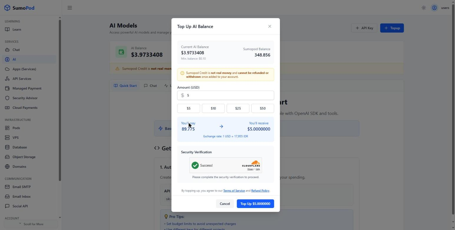 The dialog showing the amount, the Sumopod Credit you'll pay, and the exchange rate