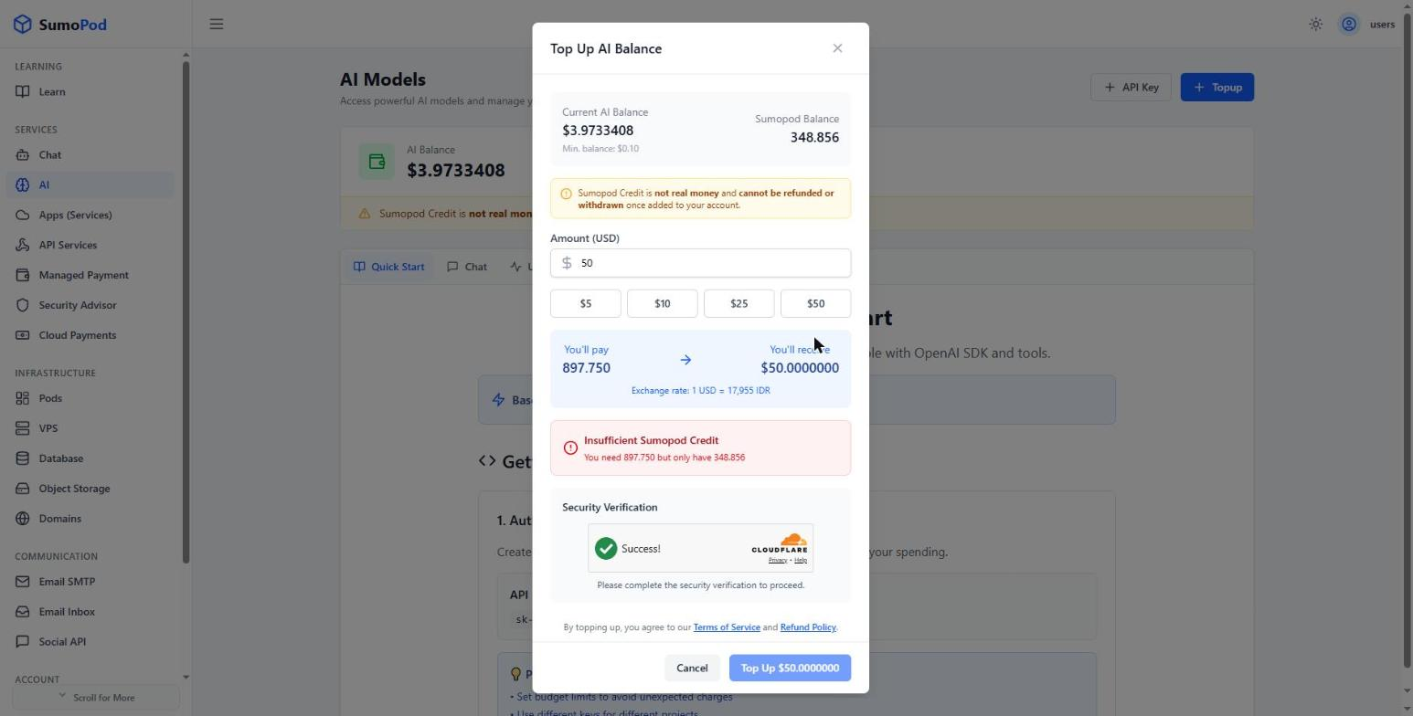 The Insufficient Sumopod Credit message in the Top Up AI Balance dialog