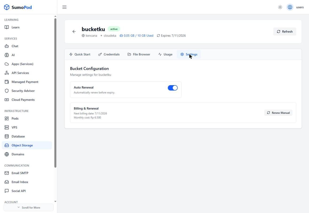 The bucket Settings tab with the Auto Renewal toggle