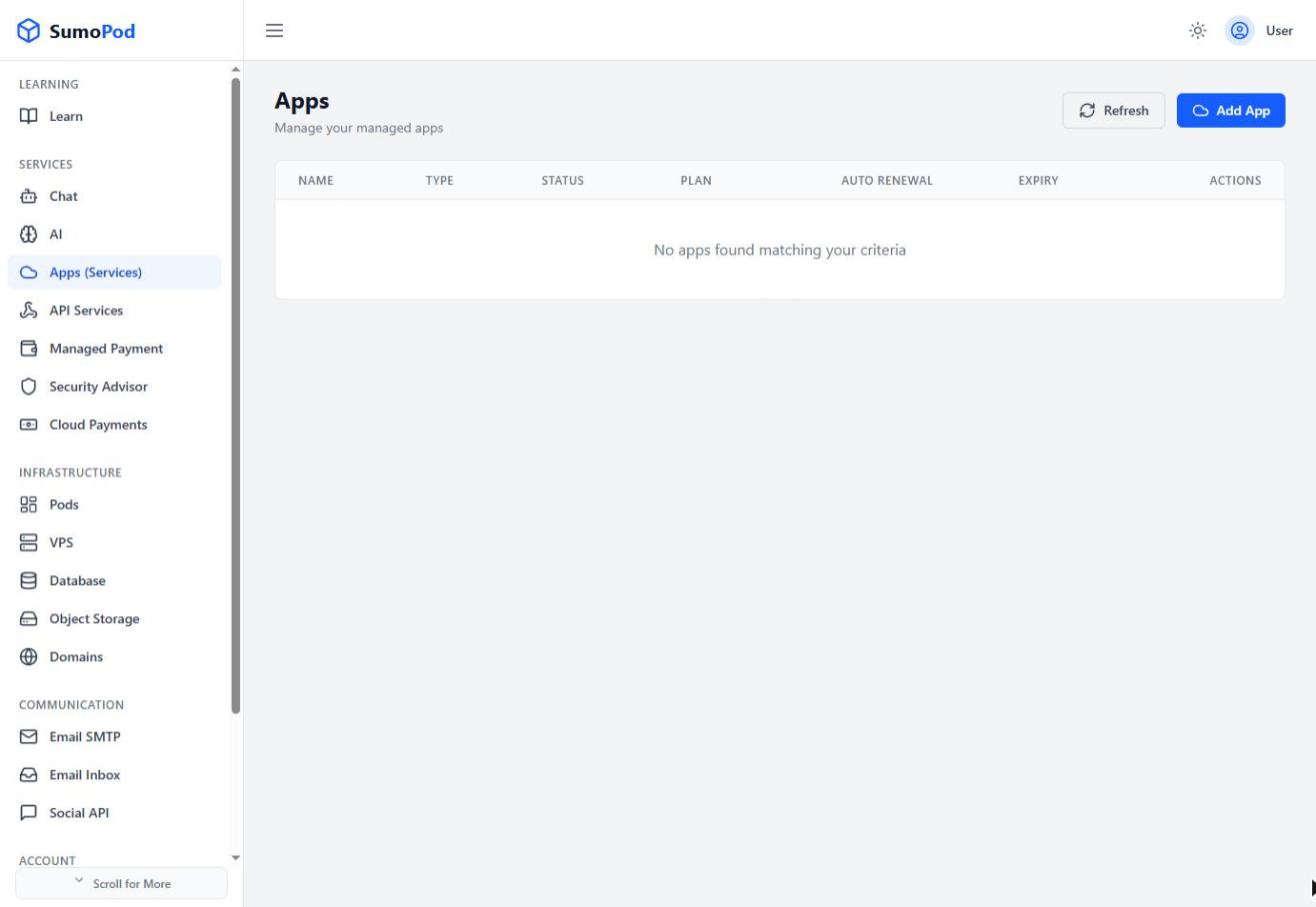 The Apps (Services) menu highlighted in the dashboard sidebar