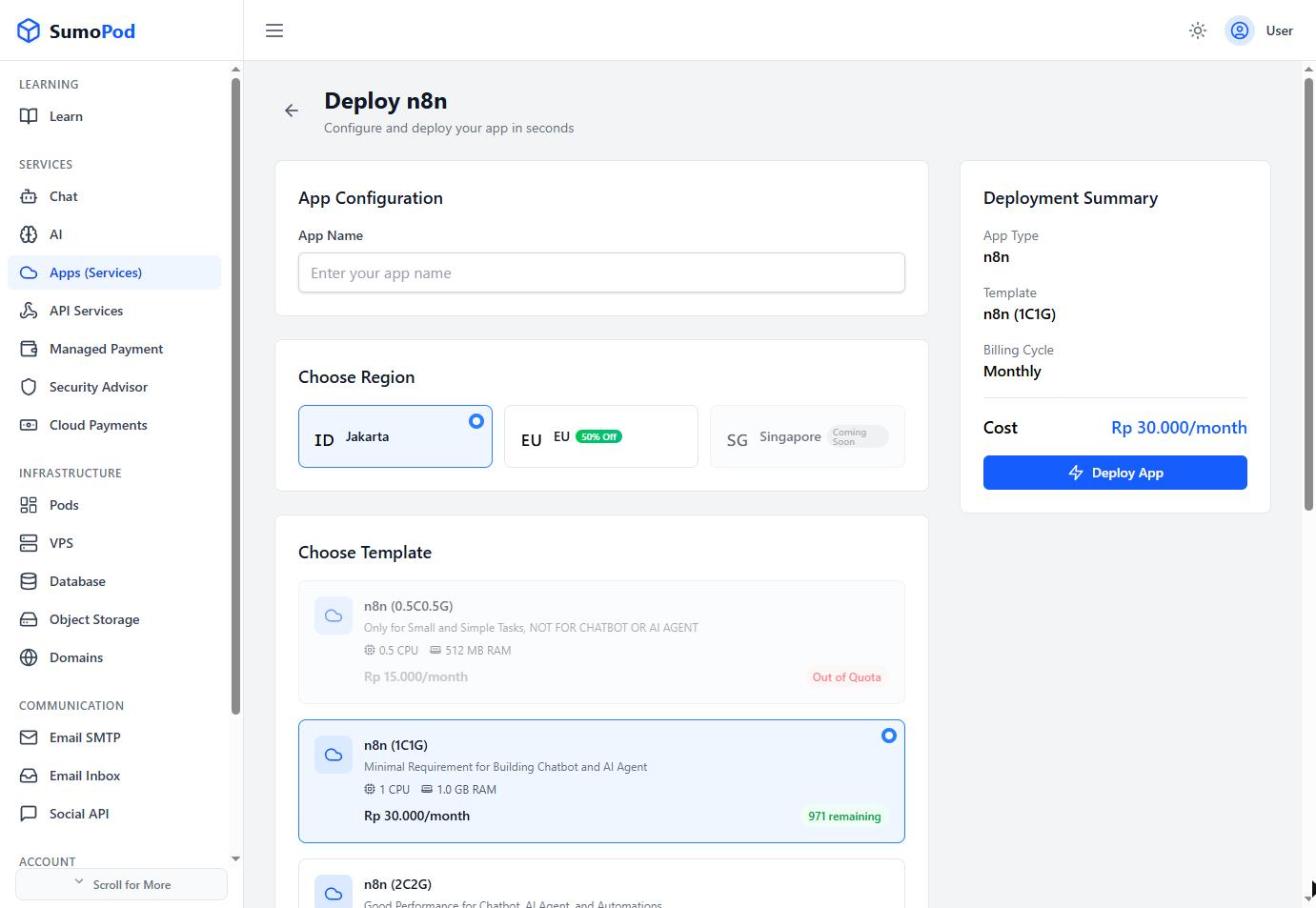 The n8n configuration form with app name, region, and template tiers
