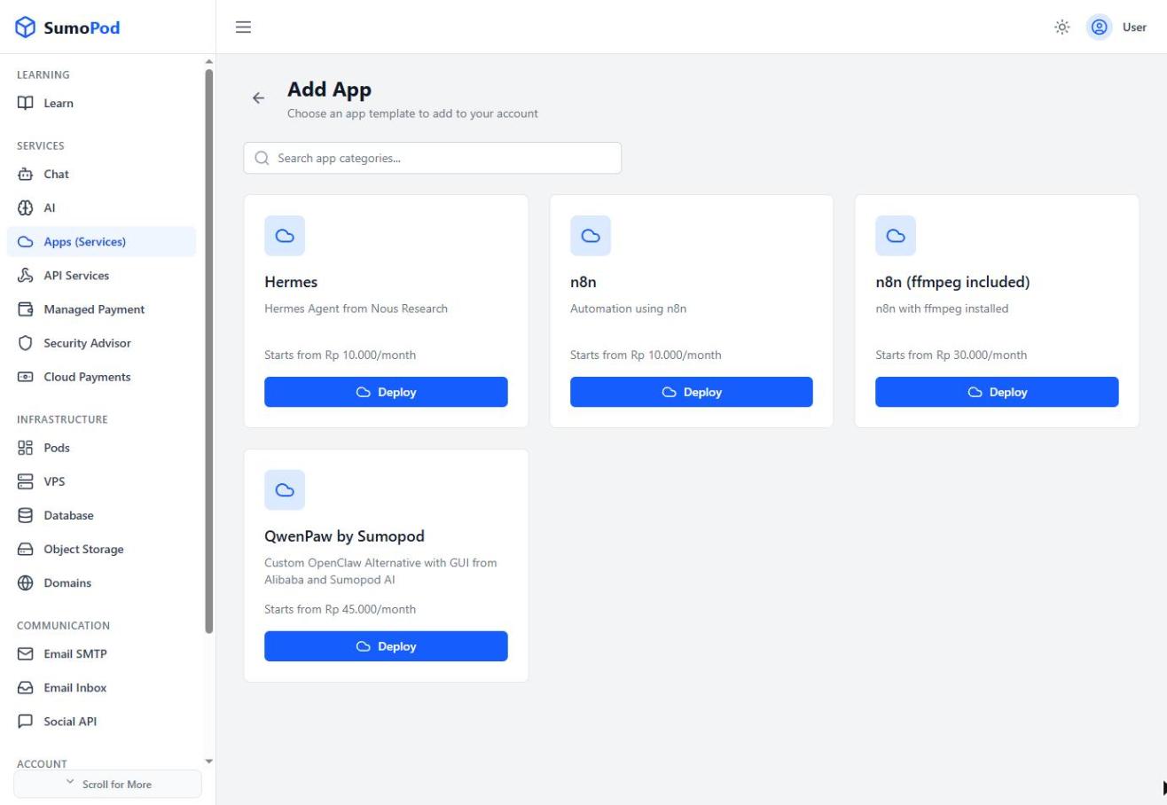 The QwenPaw by Sumopod template in the app template list