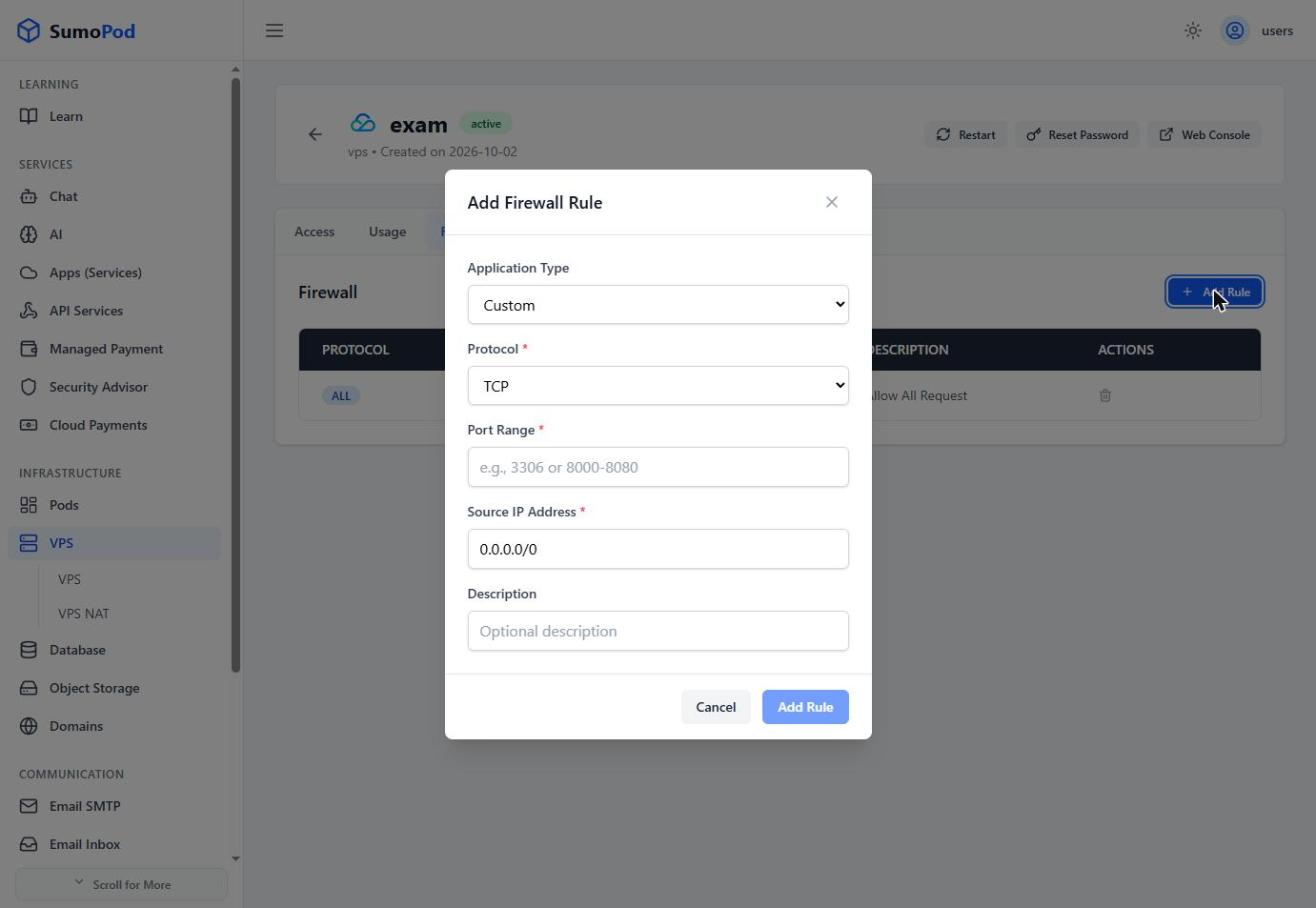 The Add Rule dialog with application type, protocol, port range, and source IP fields