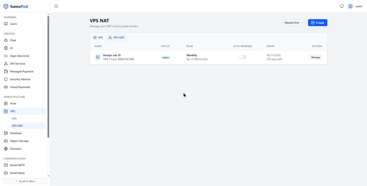 The VPS NAT list on the dashboard with the Create button