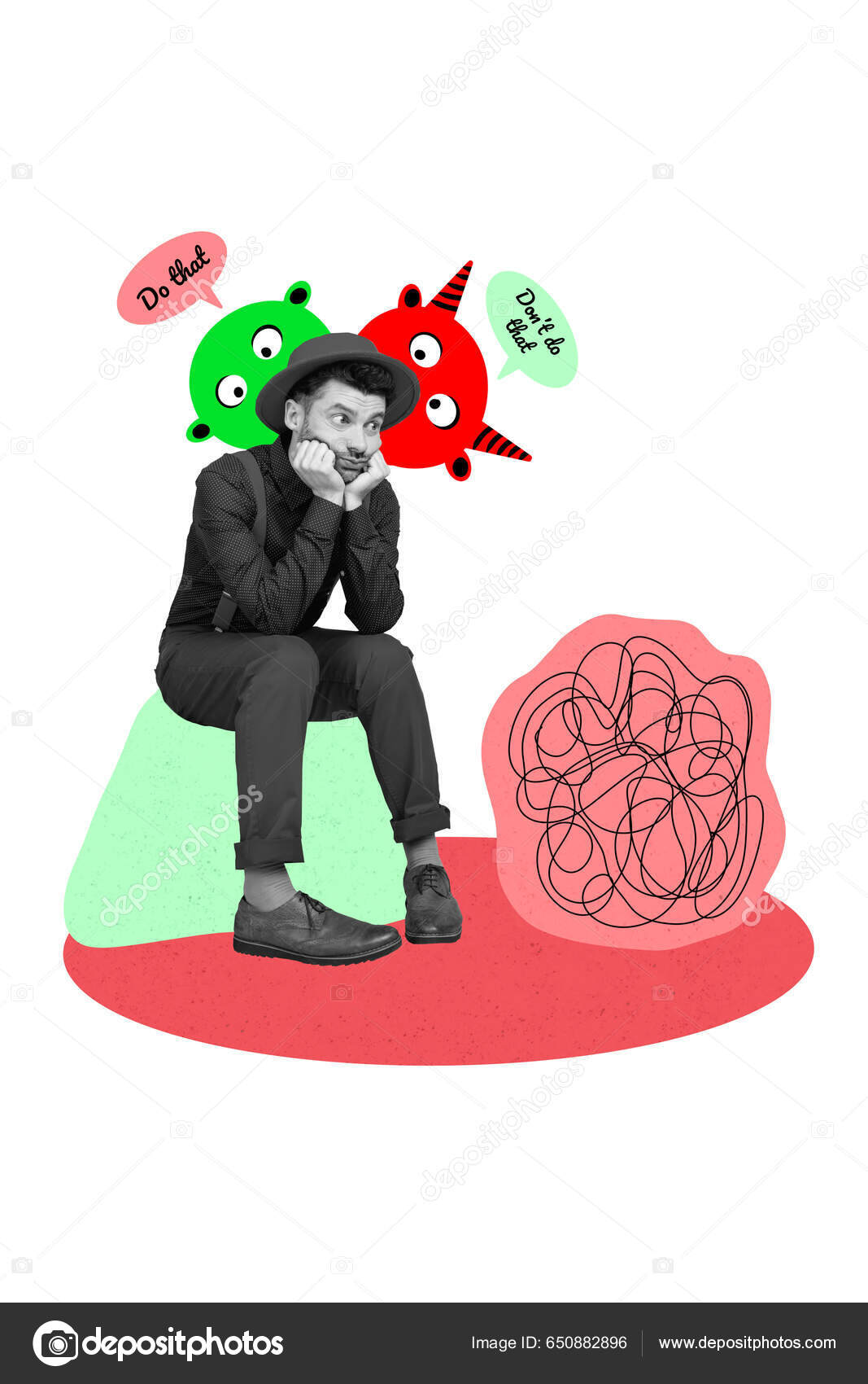 Vertical abstract creative photo collage of confused thoughtful man sitting brainstorming make decision isolated on white color background