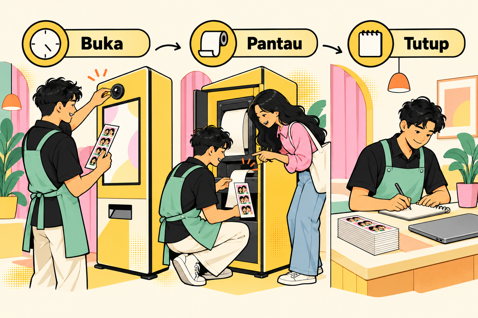 Rutinitas operator photobooth: pemeriksaan saat buka, pemantauan selama layanan, dan pencatatan ketika tutup.