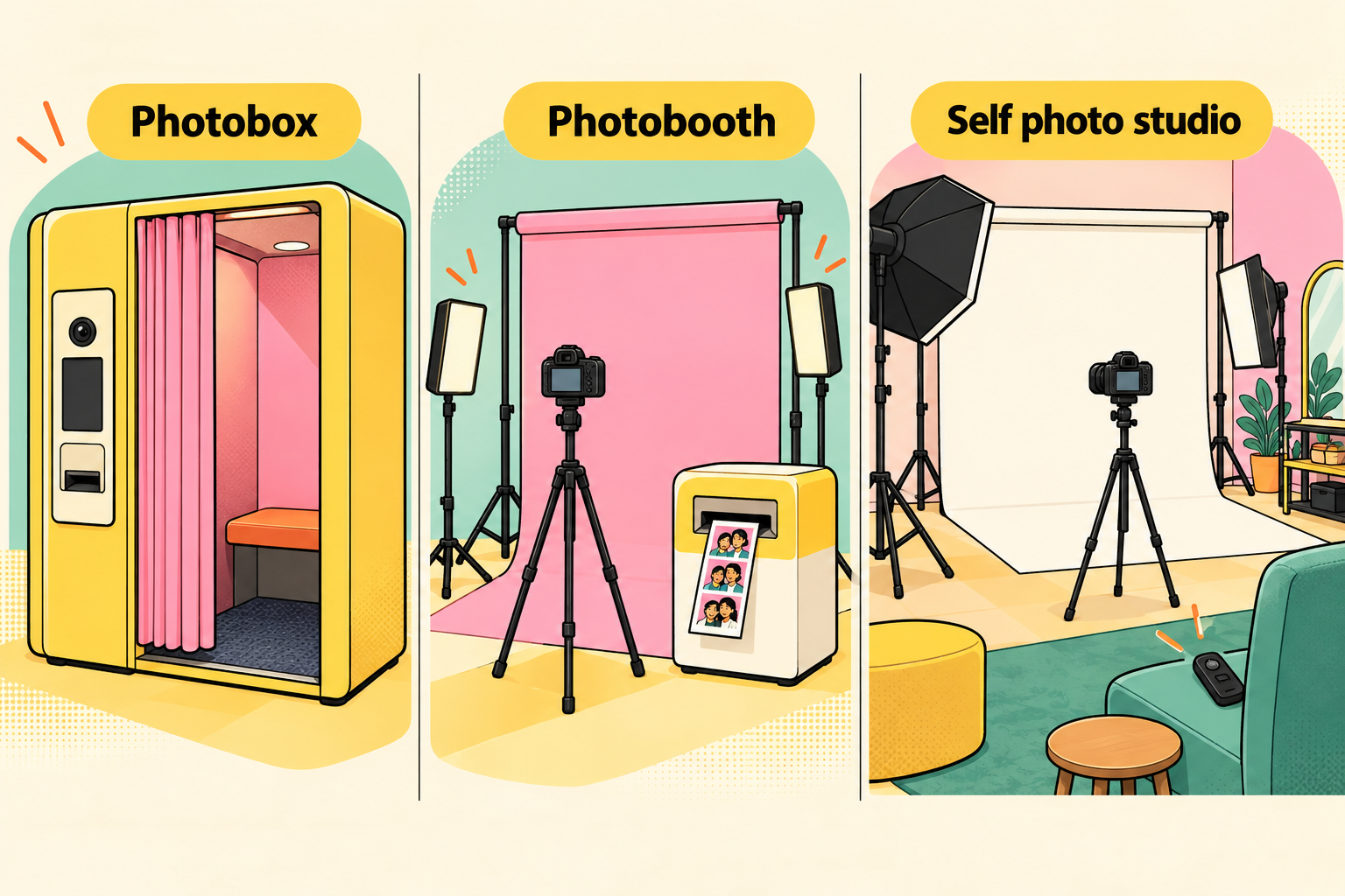 Perbandingan photobox berbilik, photobooth terbuka, dan self photo studio dengan ruang foto terpisah.