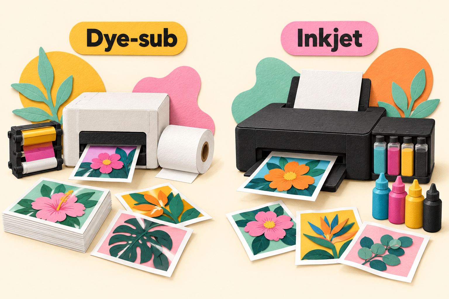Perbandingan printer dye-sub dengan ribbon dan roll kertas, serta printer inkjet dengan botol tinta.