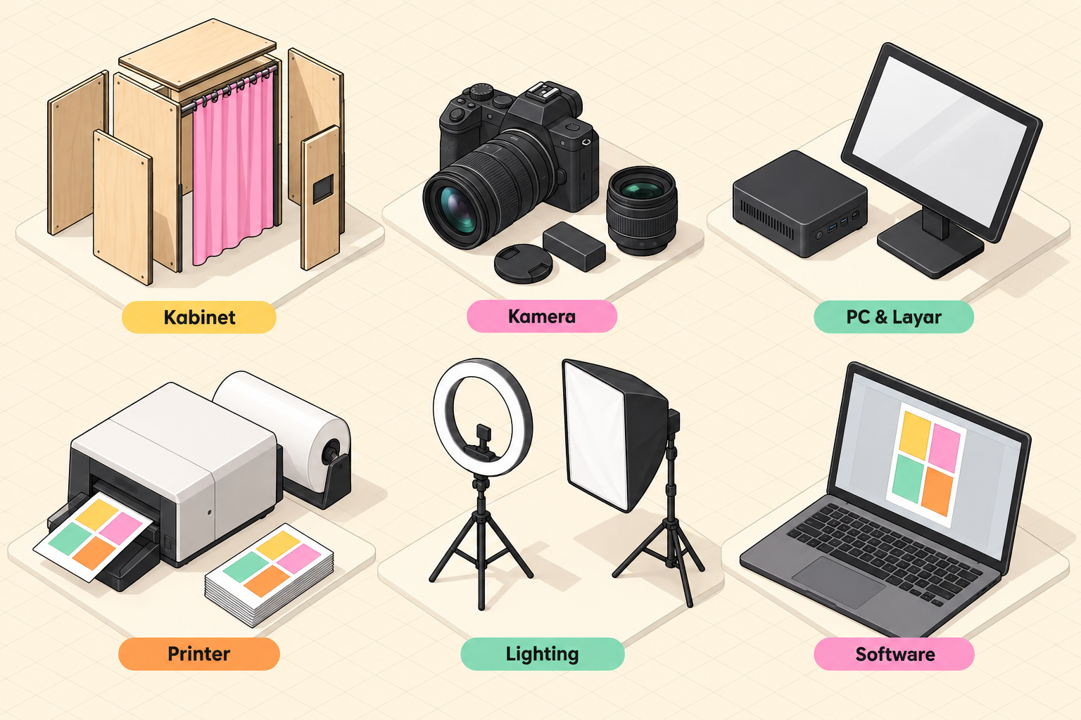 Enam kelompok komponen mesin photobox: kabinet, kamera, PC dan layar, printer, lighting, dan software.