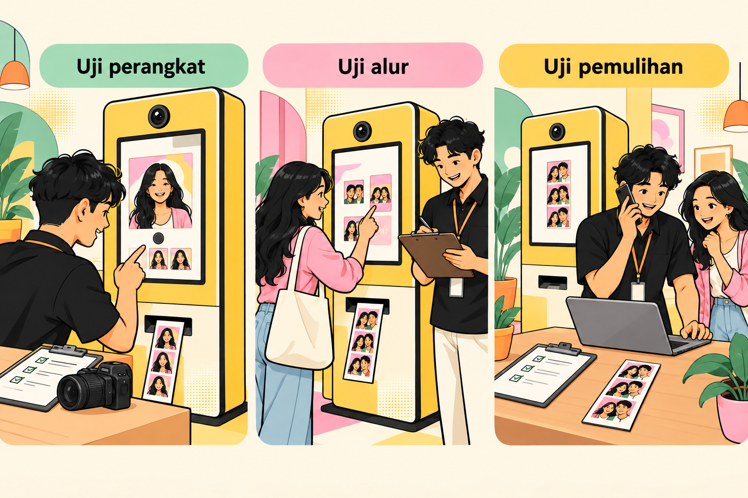 Tiga bagian evaluasi software photobooth: uji perangkat, uji alur pelanggan, dan uji pemulihan kendala.