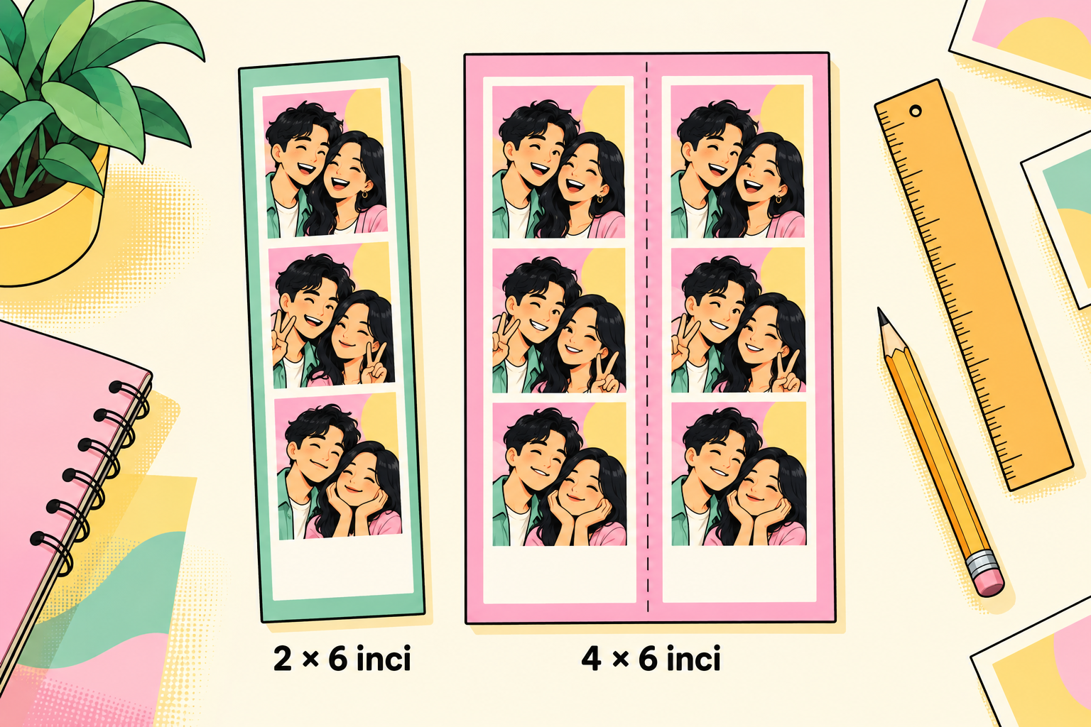 Strip 2×6 inci dibandingkan dengan lembar 4×6 inci berisi dua strip berdampingan.