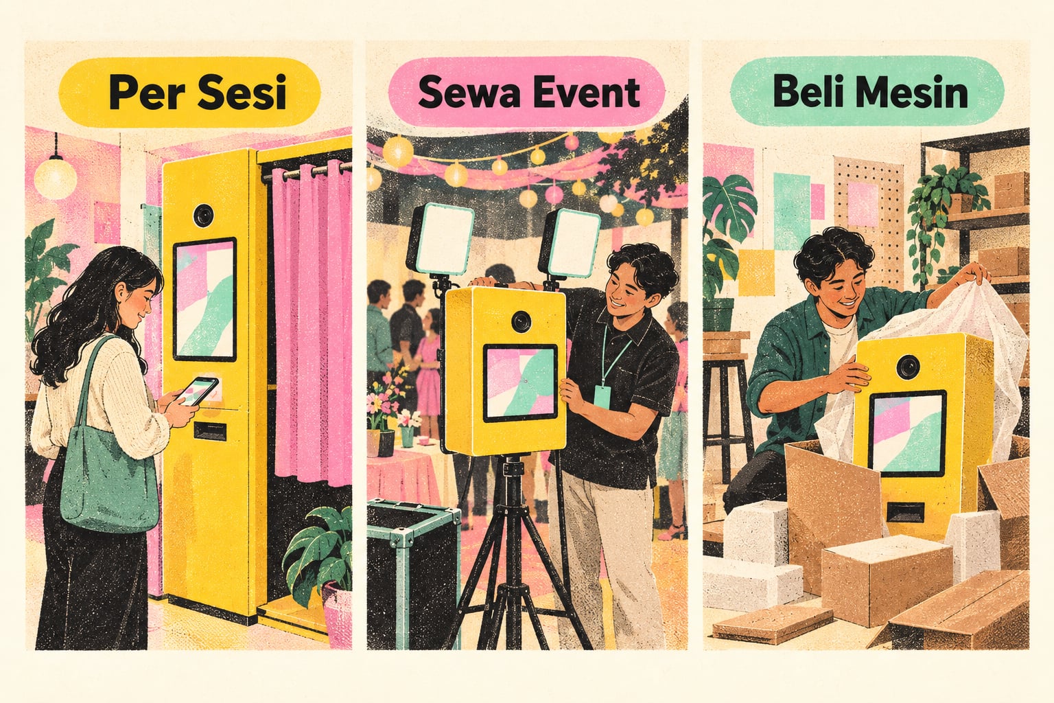 Tiga model harga photobooth: per sesi di photobox, sewa untuk event, dan membeli mesin sendiri.