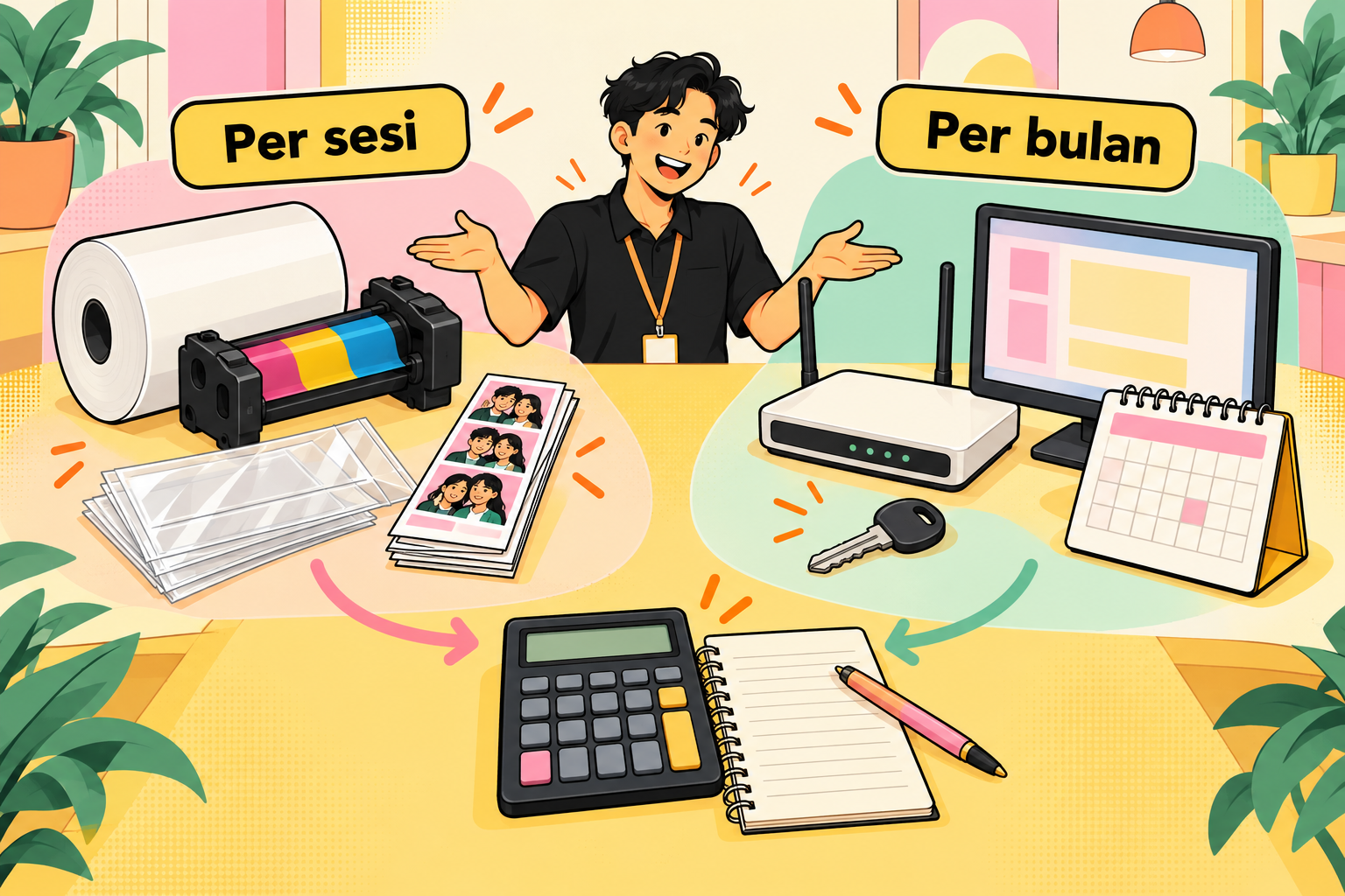 Bahan cetak dan kemasan sebagai biaya per sesi, dibandingkan kebutuhan operasional yang dicatat per bulan.